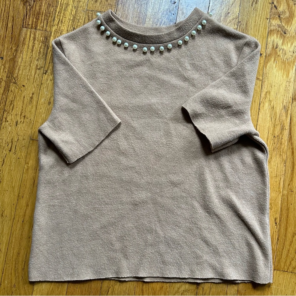 Small Zara Trafaluc Brown Pearls Neckline Short Sleeved Shirt Crop Length